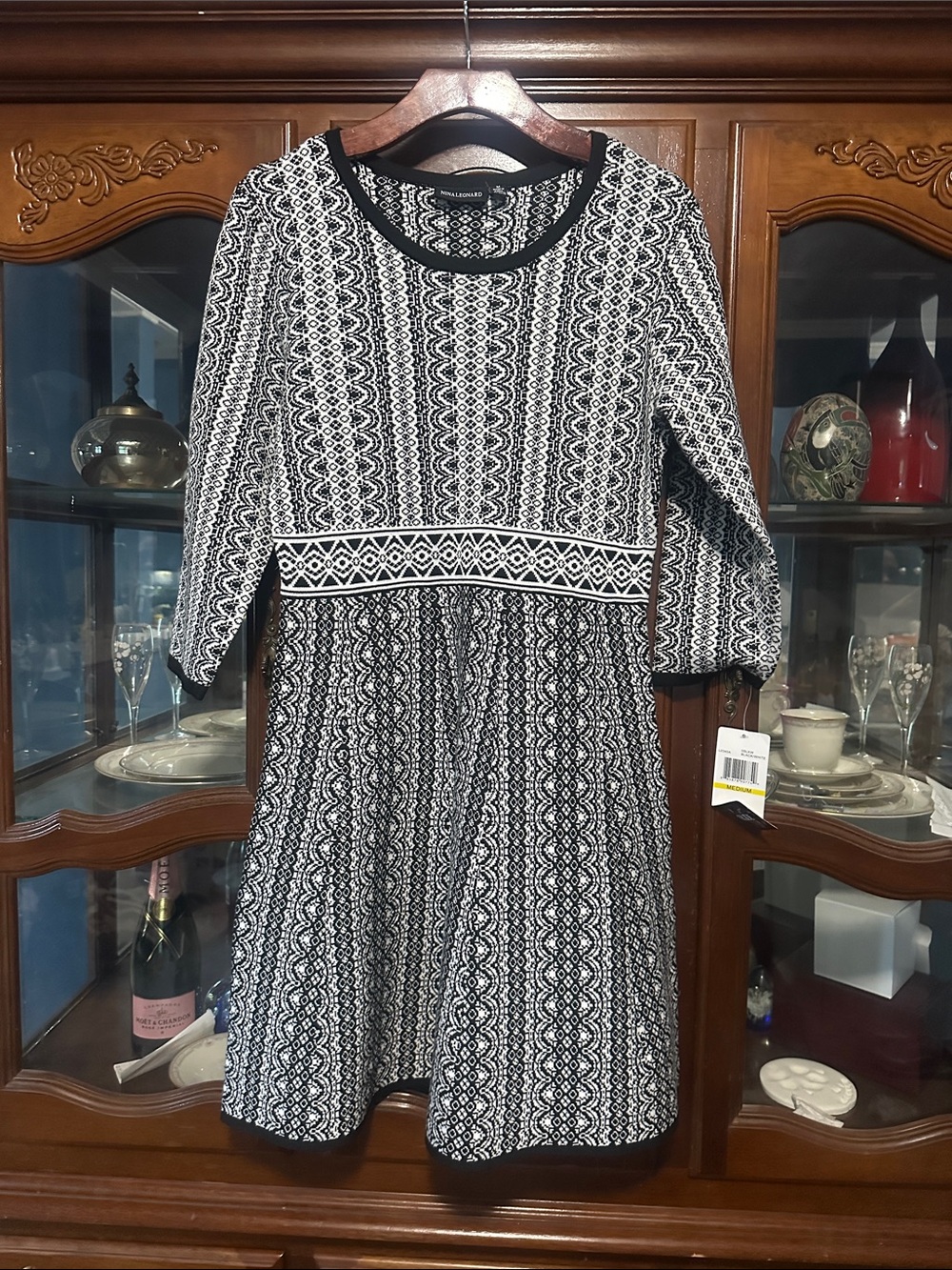 Black & White Patterned Long-Sleeve Fit-and-Flare Dress - Picture 2 of 6